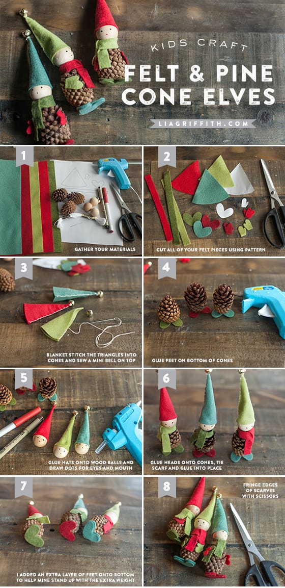 Como hacer elfos navideños con piñas y fieltro