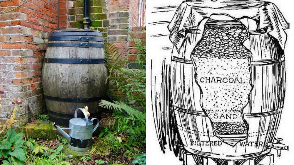 Un sistema casero de hace 100 años para recoger y filtrar agua de lluvia en  un barril