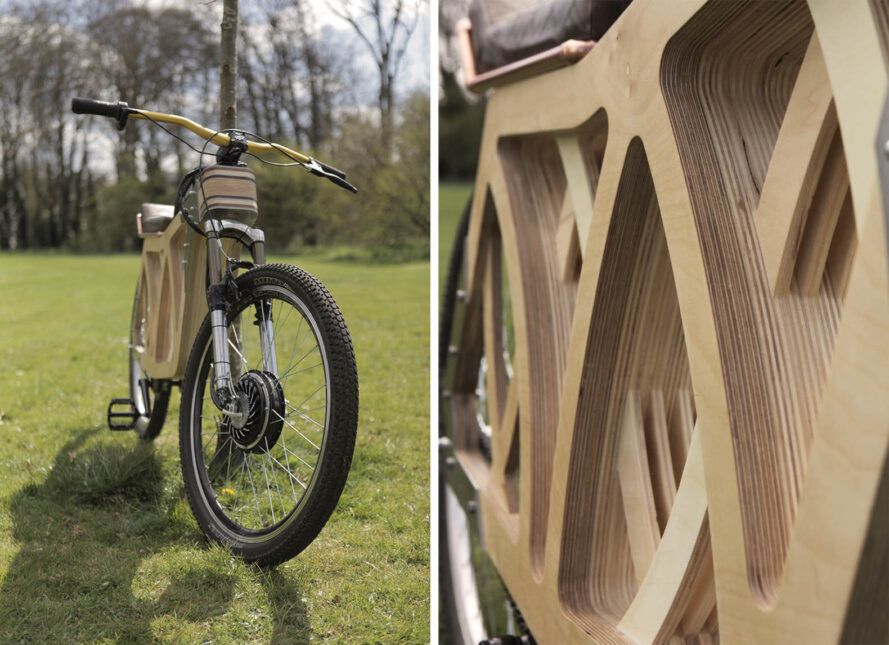 Estudiante universitaria construyó su propia bicicleta eléctrica de madera de forma artesanal