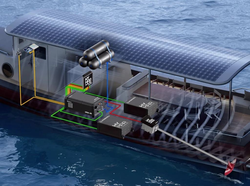 La imagen muestra una embarcación equipada con un sistema de propulsión basado en hidrógeno y energía solar. En el techo del barco se puede observar una serie de paneles solares que cubren una parte significativa de la cubierta. Estos paneles solares generan energía limpia que puede ser utilizada para alimentar ciertos componentes del barco. Además, se puede ver un sistema de almacenamiento de hidrógeno en la parte superior central, con cilindros o tanques de hidrógeno. El hidrógeno almacenado se utiliza como combustible para un módulo de energía de hidrógeno, identificado como "HPM-40", que está conectado al sistema de propulsión del barco.

La disposición interna parece estar diseñada para maximizar el espacio y acomodar a los pasajeros, con áreas de asientos y una distribución eficiente de los componentes técnicos en el interior del barco. El sistema de propulsión parece estar completamente eléctrico, alimentado por la combinación de energía solar e hidrógeno, lo que permitirá al barco operar de manera silenciosa y sin emitir contaminantes. Este diseño es un ejemplo claro de la implementación de tecnologías sostenibles en el transporte marítimo.