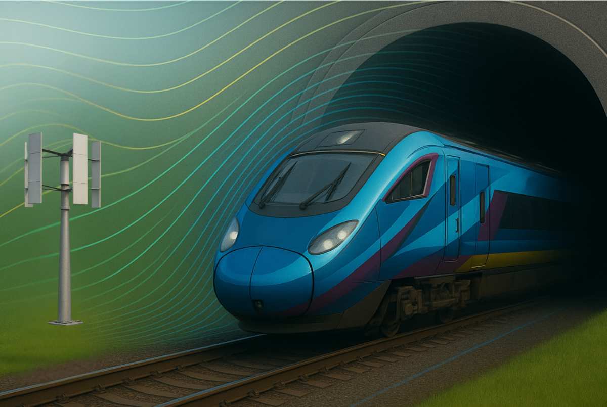 Esta imagen es una ilustración conceptual que representa el producto y la idea descrita: **turbinas diseñadas para generar energía renovable en túneles ferroviarios**.

La ilustración muestra un tren aerodinámico moderno, de colores azul y morado, saliendo de la boca de un túnel oscuro. En el exterior, junto a las vías, se destaca el producto principal: una **turbina eólica** de diseño vertical, montada sobre un poste.

El elemento clave de la imagen son las líneas fluidas de color verde y amarillo que emanan del túnel y rodean al tren. Estas líneas representan visualmente las **potentes corrientes de aire** (energía cinética) que el tren desplaza a su paso por el túnel.

La turbina está estratégicamente colocada a la salida del túnel para interceptar este flujo de aire y, según el concepto, convertirlo en electricidad, transformando así el viento generado por el tren en una fuente de energía renovable.