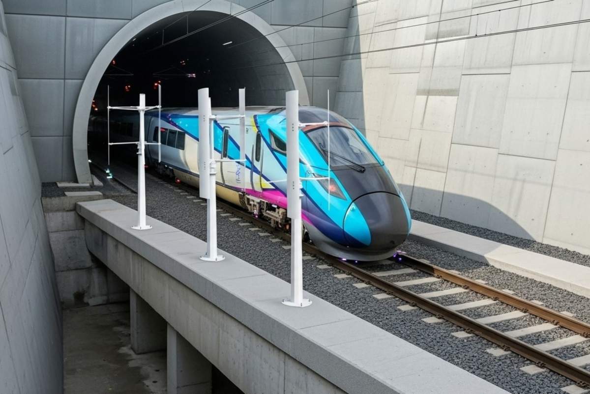 Esta imagen ilustra un innovador sistema de generación de energía renovable diseñado para infraestructuras ferroviarias.

En la fotografía se observa un tren moderno de alta velocidad, con un diseño aerodinámico en colores azul, magenta y blanco, saliendo de la boca de un túnel de hormigón.

En primer plano, instaladas junto a las vías, se aprecian varias estructuras verticales de color blanco. Estas estructuras son las **turbinas** mencionadas. Según el concepto descrito, estas turbinas están diseñadas específicamente para **capturar las fuertes corrientes de aire** (el "efecto pistón") que los trenes generan al desplazarse a gran velocidad por el interior de los túneles.

El objetivo de este producto es convertir esa energía cinética del viento, que de otro modo se disiparía, en electricidad, transformando los túneles en fuentes de energía limpia y renovable.