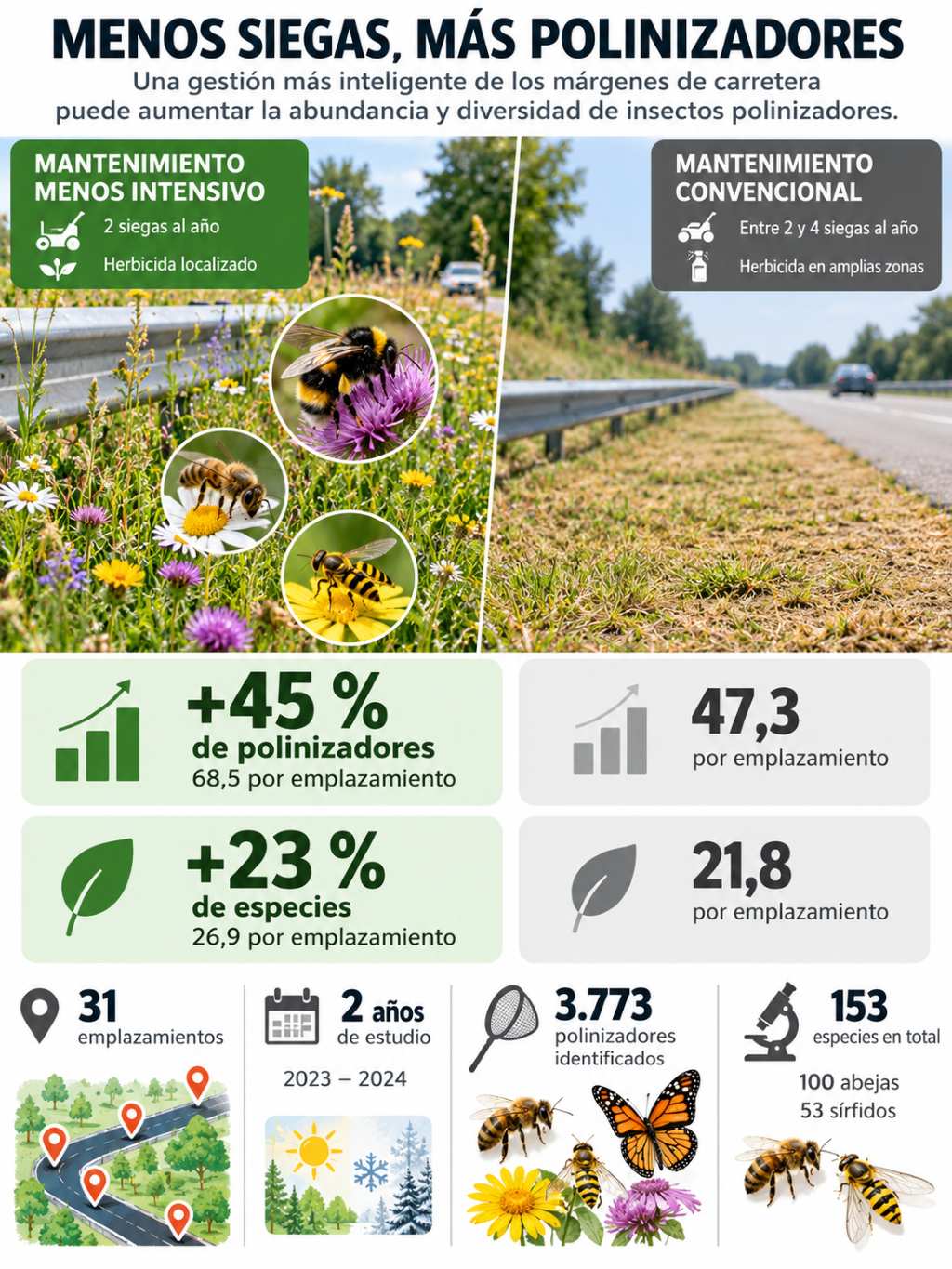 Infografía que compara la gestión de los márgenes de carretera: reducir la siega se asocia con un 45 % más de polinizadores y un 23 % más de especies